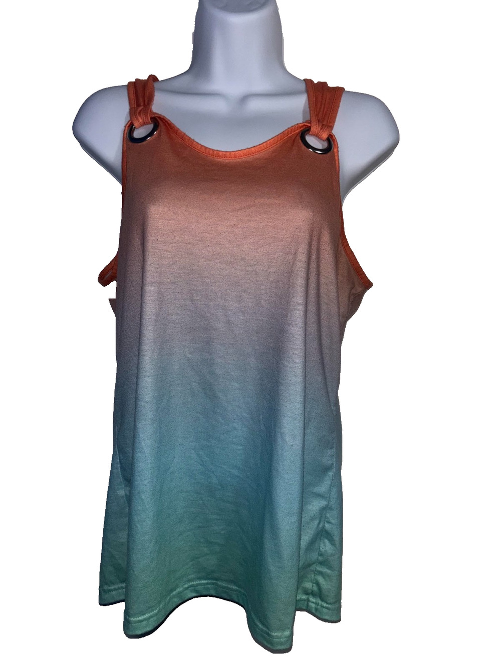 Tank Top Womens Large Coral Blue Green Ombre Beach Sunset O-Ring Cami